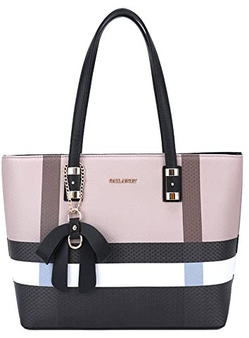 Gallantry - Grand Sac à Main Femme Elégant - Sac Cours Lycée Format A4 Taille XL - Cabas Ville Shopping Rayures Multicolore Porté Epaule - Fourre-Tout Poches Multiple - Mode Chic - Taupe Noir