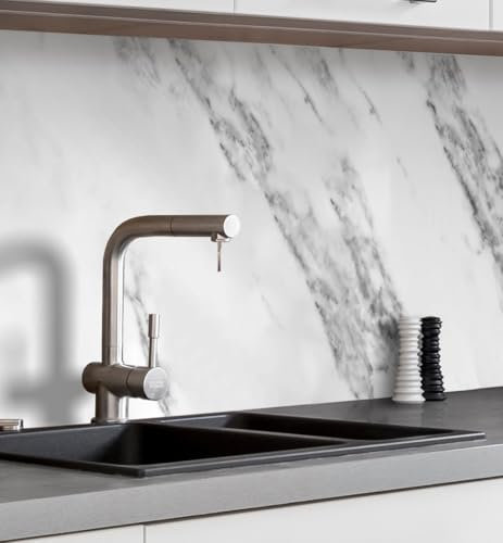 MyMaxxi Küchenrückwand Folie selbstklebend matt Versteift - einfache Montage ohne Bohren - Motiv Marmor weiß 60cm hoch - Spritzschutz Küche Klebefolie - Mauer Steine 340 x 60cm