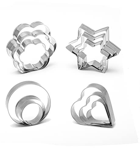 Mesmeriser Cookie Cutters - Pack of 12 Stainless Steel Heart, Flower, Circle, and Star Baking Set for Clean-Cut Fondant/Biscuit Shapes