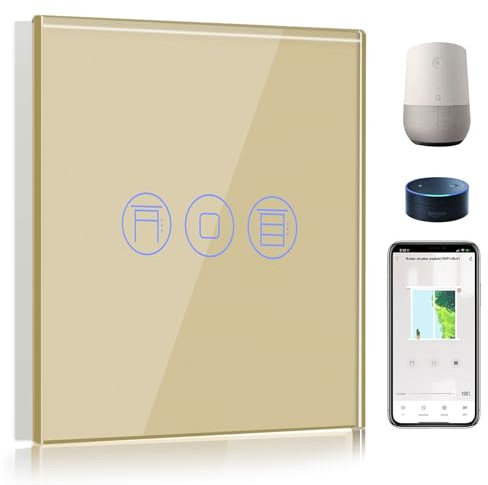 BSEED Alexa Interrupteur Volet Roulant connecté,WiFi Interrupteur Volet Roulant Or,Compatible avec Amazon Alexa/Google Home, Interrupteur Tactile Avec Contrôle à Distance et Fonction de Temps