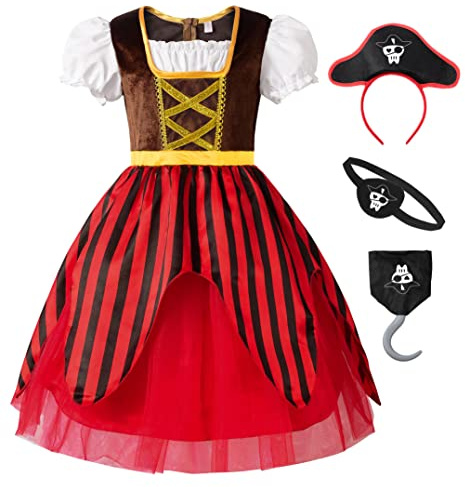 ReliBeauty Piratenkostüm Kinder Mädchen mit Piratenhut Augenklappe Tuch