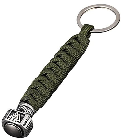 SevenMye Schlüsselanhänger mit antikem Wikinger Thor Mjolnir Anhänger und Metallring für Bergsteigen KFZ-Schlüssel im Vintage-Stil für Herren, Leder, mehrfarbig (Armeegrün)