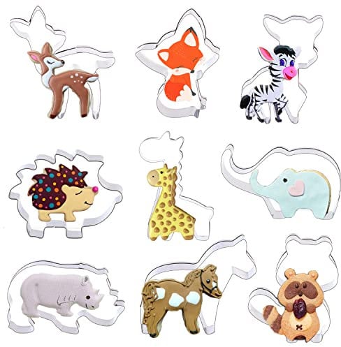 Keepaty 9 cortadores de galletas de animales para hornear, formas de alce, zorro, ciervo sika, erizo, jirafa, elefante, rinoceronte, caballo y oso, cortador de galletas de acero inoxidable
