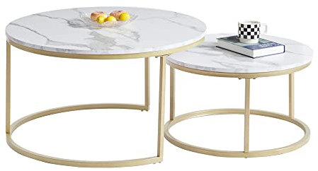 GrandCA HOME Set mit 2 Runden Couchtischen, Beistelltischen (Marmorimitat) für Wohnzimmer, große Größe: 80 x 80 x 45 cm; Kleine Größe: 60 x 60 x 35 cm, Gold