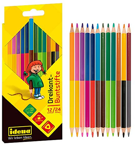Idena 20115-Buntstifte in ergonomischer Dreiecksform, 12 Farbstifte mit 24 Farben im Kartonetui zum Malen, Zeichnen, Schreiben und Kolorieren, Dreikant-Stifte für Kinder-Garten, Schule und Freizeit