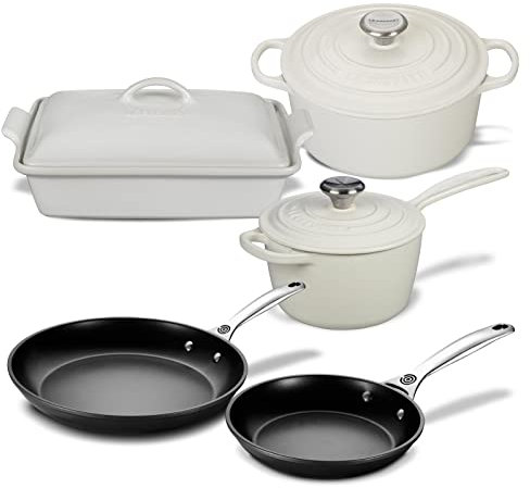 Le Creuset Juego completo de 8 piezas de hierro fundido esmaltado multiusos con pomos SS, gres y sartén antiadherente endurecida PRO - Blanco