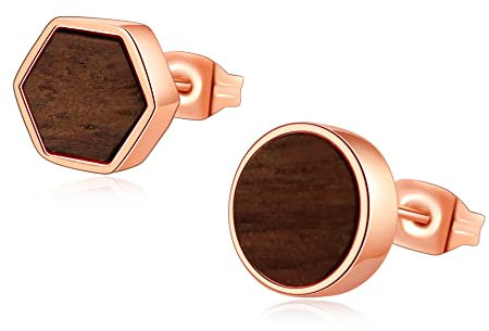 Ohrringe Damen Edelstahl Ohrringe Damen Holzohrringe Damen Holz Ohrstecker Ohrringe Geometrisch Hexagon Dreieck 8mm Frauen Geschenk (Hexagon Kreis Rosegold)