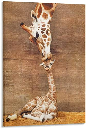 RuiChuangKeJi Wandbild 70x90cm Rahmenlos The First Kis-s Giraffen Lustige Tiere Poster Dekorative Malerei für Wohnzimmer und Schlafzimmer