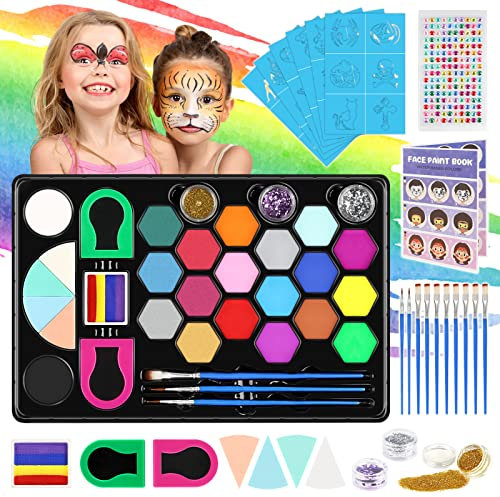 Pinturas Cara para Niños, 48 PCS Pintacaras Infantil con Tatuajes Purpurina, Pintura Facial Cara Niños Hipoalergenica Maquillaje Carnaval Halloween Regalo Niños