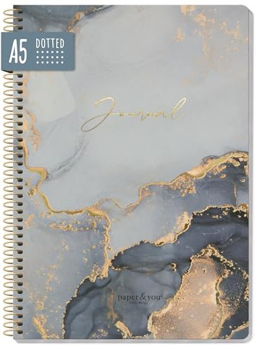 paper&you® Bullet Journal dotted A5 mit Spiralbindung Grey Marble 160 Seiten, Notizbuch gepunktet mit Spirale, College-Block, Spiral-Block, Notizblock - nachhaltig & klimafreundlich