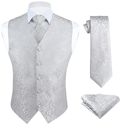 HISDERN Herren Hochzeit Paisley Weste Floral Weste Jacquard Krawatte Einstecktuch Hochzeit Party Fit Weste Anzug Set Silber Grau L