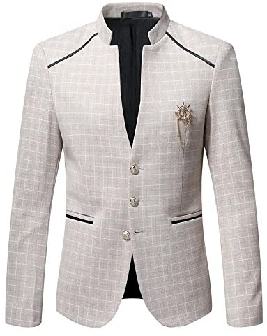 Costume Homme Manches Longues Style Chinois Col Stand-Up Blazer Homme Poches Décoration Vacances Casual Veste Costume Homme Créatif Vintage Impression Costume Homme D-Khaki XXL