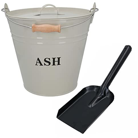 AB Tools Cream Coal Bucket With Lid & 5 Shovel Metal Ash Tidy Bin Coal Fire Log Burner