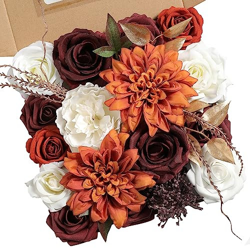 RUIDKUN Künstliche Rosen aus Seide, Dahlie, Ton, Burgunderrot, Blumen-Set für selbstgemachte Hochzeitssträuße, Tafelaufsätze, Arrangements, Partys, Babypartys, Heimdekorationen