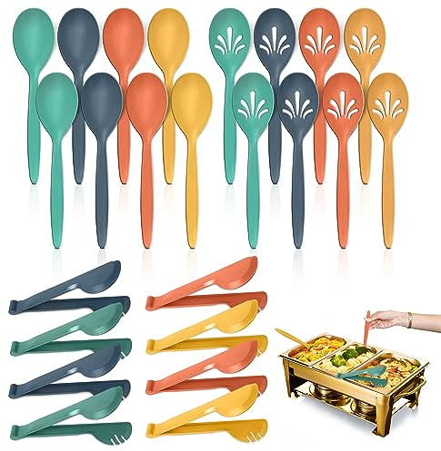 RayPard Reusable Plastic Serving Utensils Set of 24, 10 Wheat Straw Large Serving Set - Slotted Spoons/Tongs, for Party Buffet Catering (Orange/Blue/Yellow/Green, Not for Cooking)
