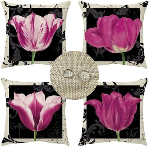 Wasserdichte Kissenbezugen, Blumen Kissenhülle Atmungsaktiv Platz Leinen Kissen Fall Fuchsie Sommer Sofakissen für Outdoor Balkon Terrasse Patio Garten Bauernhaus Zierkissen, 4er Set 70x70cm Q-1601