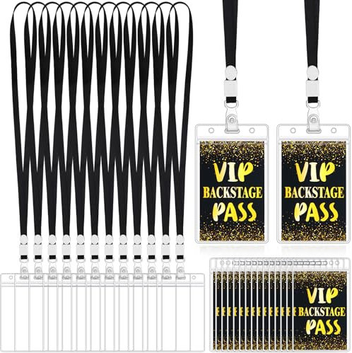 Gueevin 50 Sets VIP-Abzeichen-Lanyards mit Kunststoff-VIP-Pass-Karten, schwarz und goldfarben, Sicherheitskarten, transparenter Kunststoff-Ausweishalter, schwarze Schlüsselbänder für Backstage-Party,