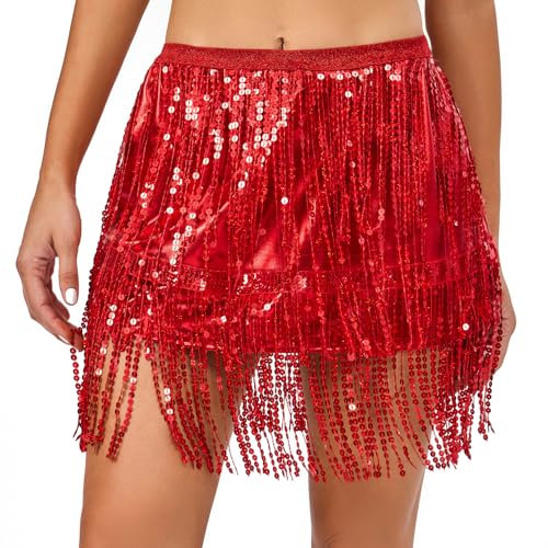 PLIKSUVER Damen Glitzer Pailletten Fransen Rock - Karneval Quasten Bauchtanz Kostüm Rave