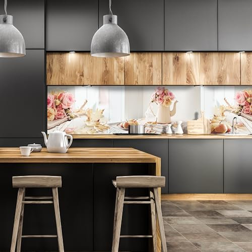 wandmotiv24 Küchenrückwand Rosen Kanne Birnen Blütenblätter Bücher 260 x 50cm (B x H) - Aluminium 3mm Nischenrückwand, Spritzschutz, Fliesenspiegel-Ersatz, Deko Küche Vintage Herbst hell M1273