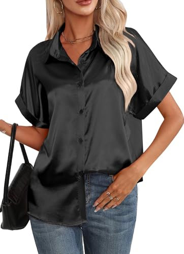 Maeau - Chemise en Satin Femme Chemiser en Soie Manches Courtes Dames Bureau Top Élégant Casual Travail Chemise L Noir