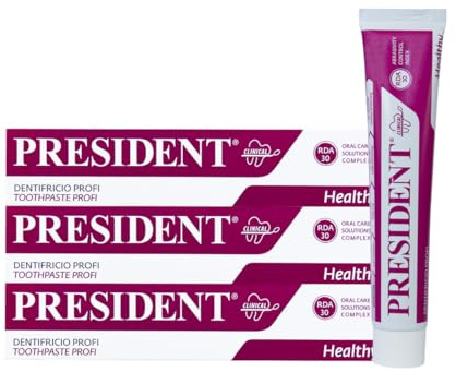 President Set mit 3 Zahnbürsten PROFI mit Chlorhexidin 0,20% desinfizierende Wirkung, antibakteriell, intensiv für Parodontopathie, gereiztes Zahnfleisch und nach Operationen. RDA 30. 3 x 75 ml