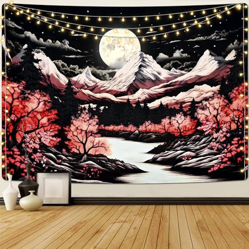 Alishomtll Bergszene Wandteppich, Mond Wälder Berge und Flüsse Schwarz und Rot Wandbehang, Natürliche Landschaft Ästhetik Dekorative Wandtuch, Schlafzimmer Schlafsaal Pulver 210x150cm