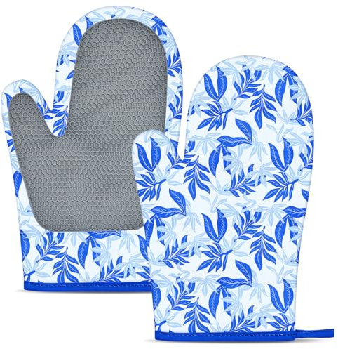 Silicone Oven Gloves Heat Resistant, 1 Pair Non-Slip Oven Mitts 28cm Long, Funny Oven Glove Thick for Grilling, Cooking, Baking, Barbecue, Kitchen Accessories (Leaves)