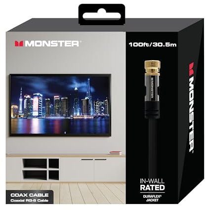 Monster 30 m RG-6 Quad-Shield-Koaxialkabel für High-Speed-Internet, TV – Duraflex wasserdicht und wetterfest, UL-CL2-Bewertung für Innenbereich, Innenbereich, vergoldeter F-Pin
