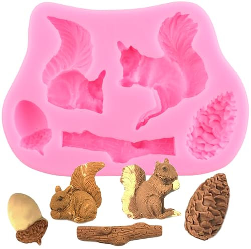 XMOLDNMS Stampo in silicone a forma di animale, scoiattolo, pigne, ghianda, tronco di albero, per decorare torte, cupcake, pasta di gomma, caramelle, argilla polimerica