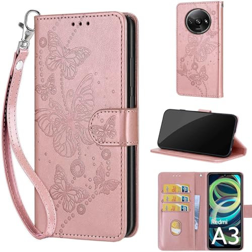 KENHONER Phone Case for Xiaomi Redmi A3 / A3x, Shockproof Flip Cover with Card Slots Kickstand Phone Case Compatible Xiaomi Redmi A3 / A3x Rose Gold