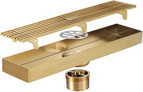 Desagüe de ducha rectangular de acero inoxidable con rejilla de inserción de azulejos, cubierta extraíble y recogedor de pelo, acabado dorado cepillado