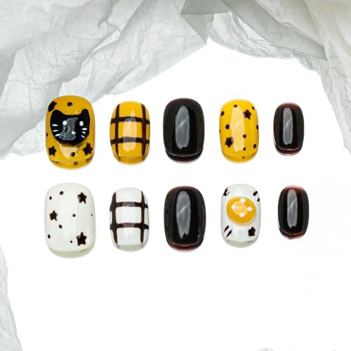 Sun&Beam Nails Handmade Press-on Short Squoval Round Yellow Black White Brown Cartoon 3D Stripes Design Fashion False Nail Tips 10 Pcs Set (#198 M)