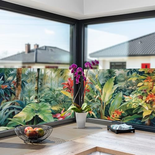 Milchglasfolie Tropische Grüne Blätter Fensterfolie Selbstklebend Milchglasfolie Fenster Bad Fenster Sichtschutzfolie Fensterfolie Blickdicht Folie für Fenster Folie Fenster Sichtschutz 38x120cm/1 Pcs