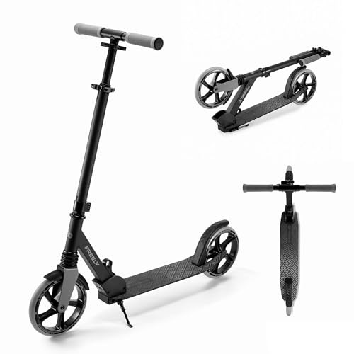 Kinderkraft Freely Scooter bis 100kg, Roller, Klapproller, Kinder ab 5 Jahren und Erwachsene, Großen 20cm PU Rädern, Fußbremse, TPR Griffe, Einstellbare Lenkradhöhe 82cm bis 105cm, modernes, Schwarz