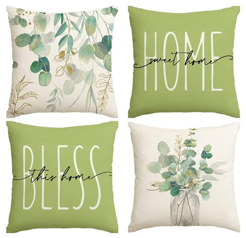 Kissenbezüge 45x45 cm 4er Set Outdoor Sommer Eukalyptus Grün Dekokissen Sofakissen Aquarell Blätter Moderne Leinen Kissenbezug Kissenhülle Deko Kissen für Sofa Bett Couch Kissen Garten Frühling