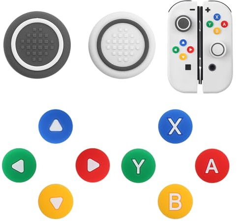 10Pcs Silicone Thumb Grips for Nintendo Switch/OLED, Cross D-Pad Button Caps, ABXY Key Buttons Sticker and Joystick Cover Caps Thumbstick- Color and Sesame Gray