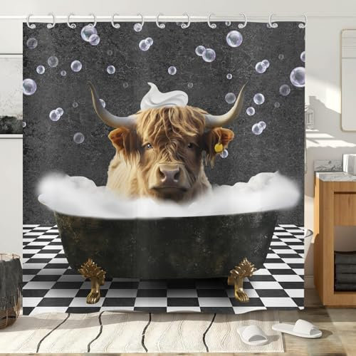 Hnmdmyi Duschvorhang Lustige Hochland Kuh 180x200, Bauernhaus Western Tier Bull Rind Baden in Sprudelbadewanne Badewanne Vorhang Wasserdicht Polyester Stoff Waschbar Badevorhang mit Haken