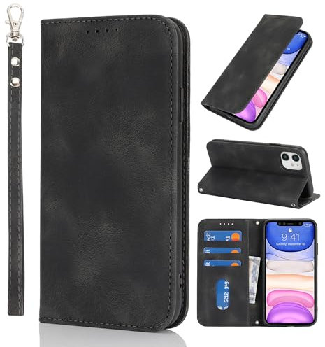 HALLKER Handyhülle für iPhone 11 Hülle Klappbar, PU Leder Klapphülle Schutzhülle Kartenfach Magnetverschluss Lederhülle für iPhone 11 - Vintage schwarz