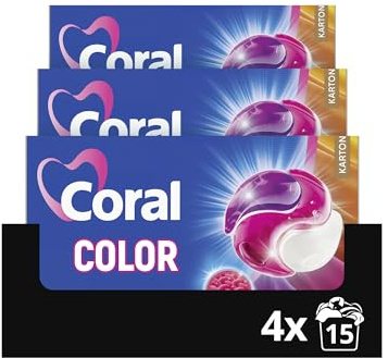 Coral Allin1 Caps Color 4x 15 WL | Farbige Textilien, schont die Textilfasern, frischer Wäscheduft, nicht Wolle und Seide, 4x 15 WL, Colorwaschmittel