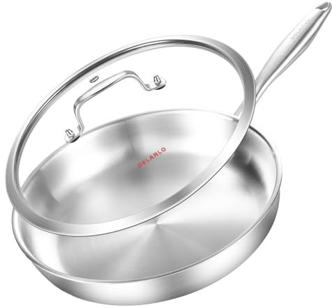 DELARLOCHEF Dreilagige Edelstahl Pfanne mit Deckel 28.5cm,Schnelle Gleichmäßige Hitze,Energiesparend,Induktions Bratpfanne, Edelstahlpfanne für Steak