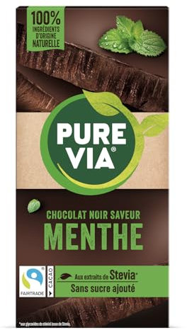 Pure Via Tablette Chocolat Noir Saveur Menthe à la Stevia, Sans sucre ajouté, Équitable 100g