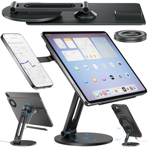 2-in-1 Magnetischer kabelloser Ladeständer für iPad Pro 12.9 & iPad Air 13 (M3/M2) mit MagSafe-Handy-Ständer für iPhone 17–12, Multi-Winkel, verstellbarer Aluminium-Schreibtischständer, Combo für
