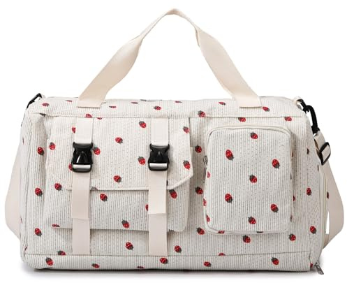 Waniki Sporttasche Kinder Mädchen Erdbeere Cord Reisetasche Damen Weekender Schwimmtasche mit Schuhfach und Nassfach Teenager Travel Bag Balletttasche für Reisen, Fitness, Sport, Gymnastik, Schule