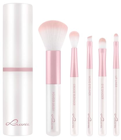 Make-up Pinselset 6-teilig | 5 vegane Schminkpinsel + Aluminium-Pinselcase | Für Puder, Lidschatten, Eyeliner & Lippen | Kompaktes Reise-Set | Candy Rosa/Perlmutt | LUVIA