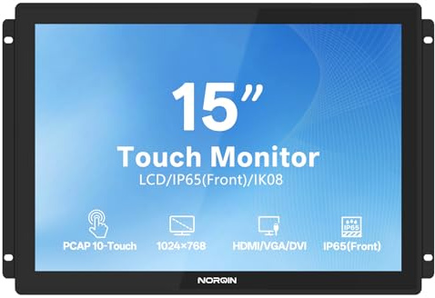 NORQIN 15 Monitor Touch Industriale Incorporato,Cornice Aperta IP65 IPS | Schermo Tattile Touchscreen 1024×768,VESA,Capacitivo 10 Punti,HDMI/VGA/DVI/USB,12V Display Robusto,Per Automazione e HMI, POS