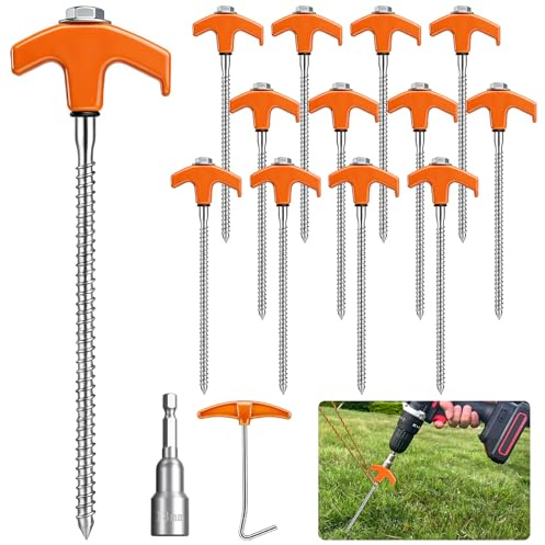 KOHRIUK 12 Pezzi Picchetti per Tenda in Acciaio,Picchetti Tenda Campeggio 20cm,Picchetti Campeggio con Filettatura a Vite per Terreni Duri, Sabbia e Erba per Tende da Esterno, Gazebo e Ombrelloni