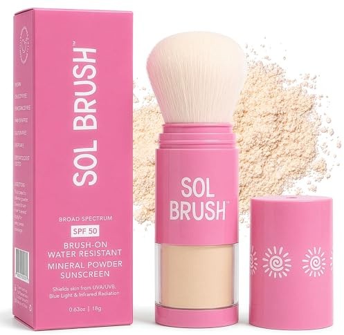 Sol Brush SPF 50 Mineral Sunscreen Powder, Broad Spectrum UVA/UVB Protection Sunscreen, Mess Free Brush On Applicator, Clean & Cruelty Free, Water Resistant (80 Minutes), Pink, Fair