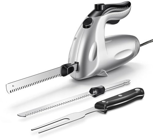 Yabano Electric Carving Knife 150W with 2 Serrated Stainless Steel Blades and Carving Fork, Safety Lock, Ideal for Roasts, Turkey, Gammon, Bread & Everyday Slicing, Silver | Quiet copper motor; serrated stainless steel bread and meat slicers; ergonomic dual safety lock grip; roast turkey knife