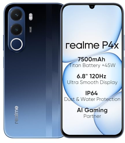 Smartphone realme P4X 4G, 4GB+128GB, Pantalla LCD 120Hz 6,8,7500mAh, Carga rápida 45W, Carga inversa 6W, Antichoque MIL-STD 810H, IP64, Sistema Next IA, Azul Fantasma (Sin Cargador)