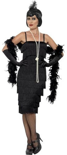 Smiffys Flapper Kostüm, Schwarz, mit langem Kleid, Kopfschmuck & Handschuhen